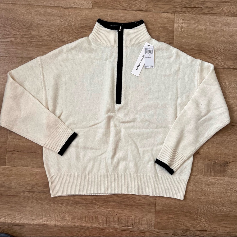 NWT $316 The‎ Cashmere Project White Cashmere Tipped Quarter Zip Mock Sweater M